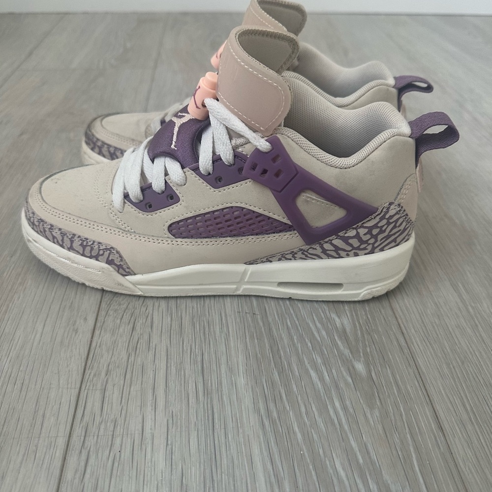 Jordan Women's High-Top Sneakers in Cream and Purple with Pink Tongue Accent